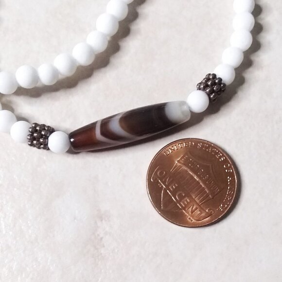 Dainty Slim-Line Wrap Bracelet for 7" Wrist - Brown Banded Agate + Ceramic Beads - Picture 5 of 7